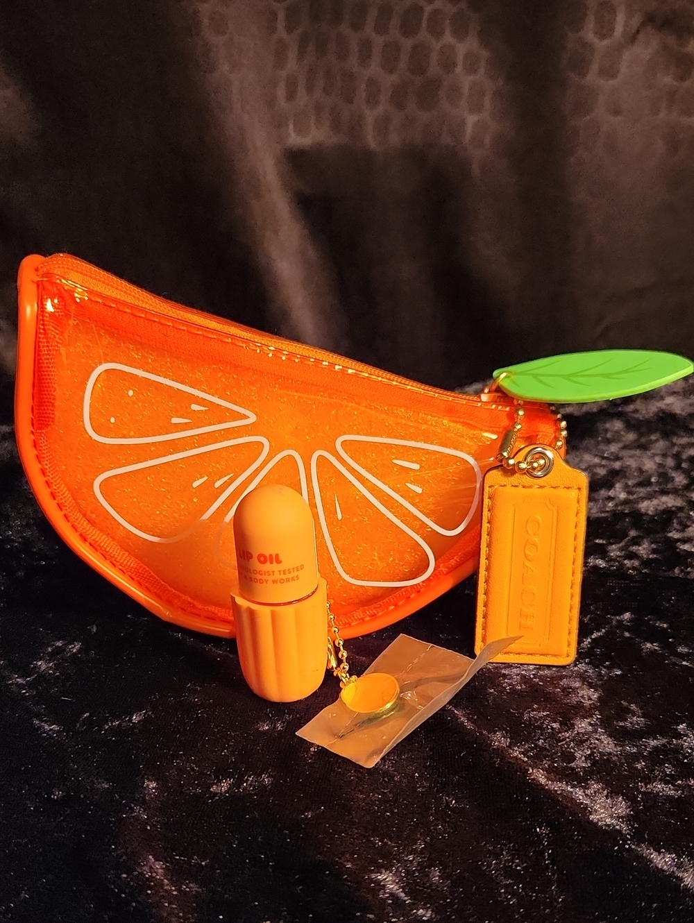 Coach Orange Hang Tag With Unbranded Orange Zip Pouch with BBW Lip Oil
